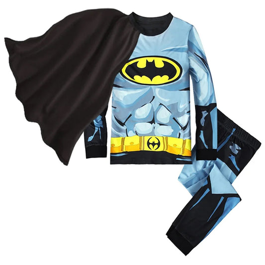 Batman costume pajama set for boys with cape and superhero design featuring muscular chest and signature logo