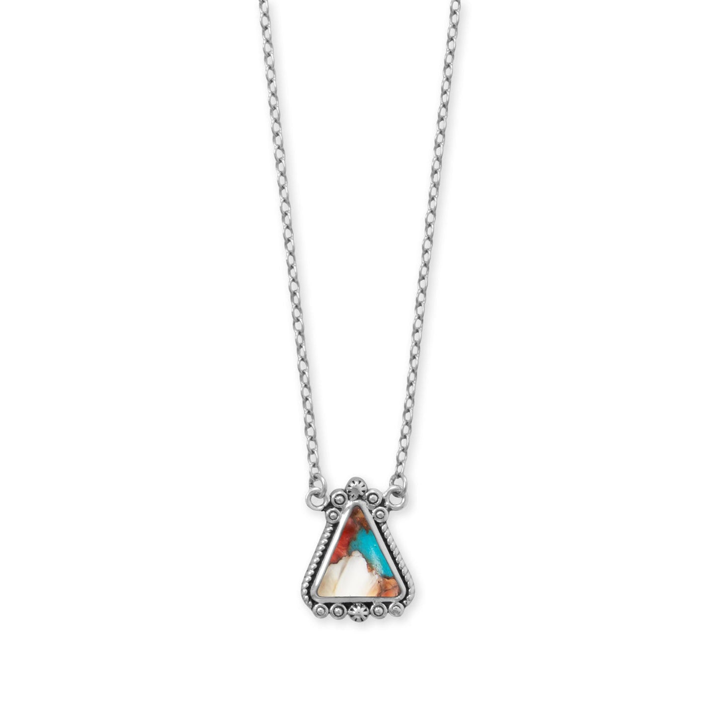 Spiny oyster and turquoise necklace featuring a triangular pendant on a silver chain
