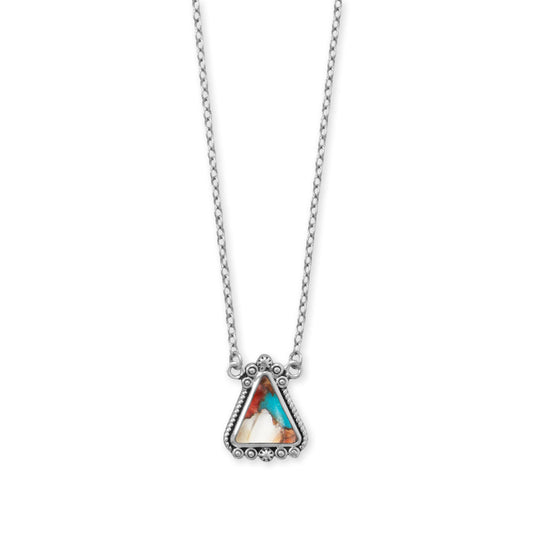 Spiny oyster and turquoise necklace featuring a triangular pendant on a silver chain