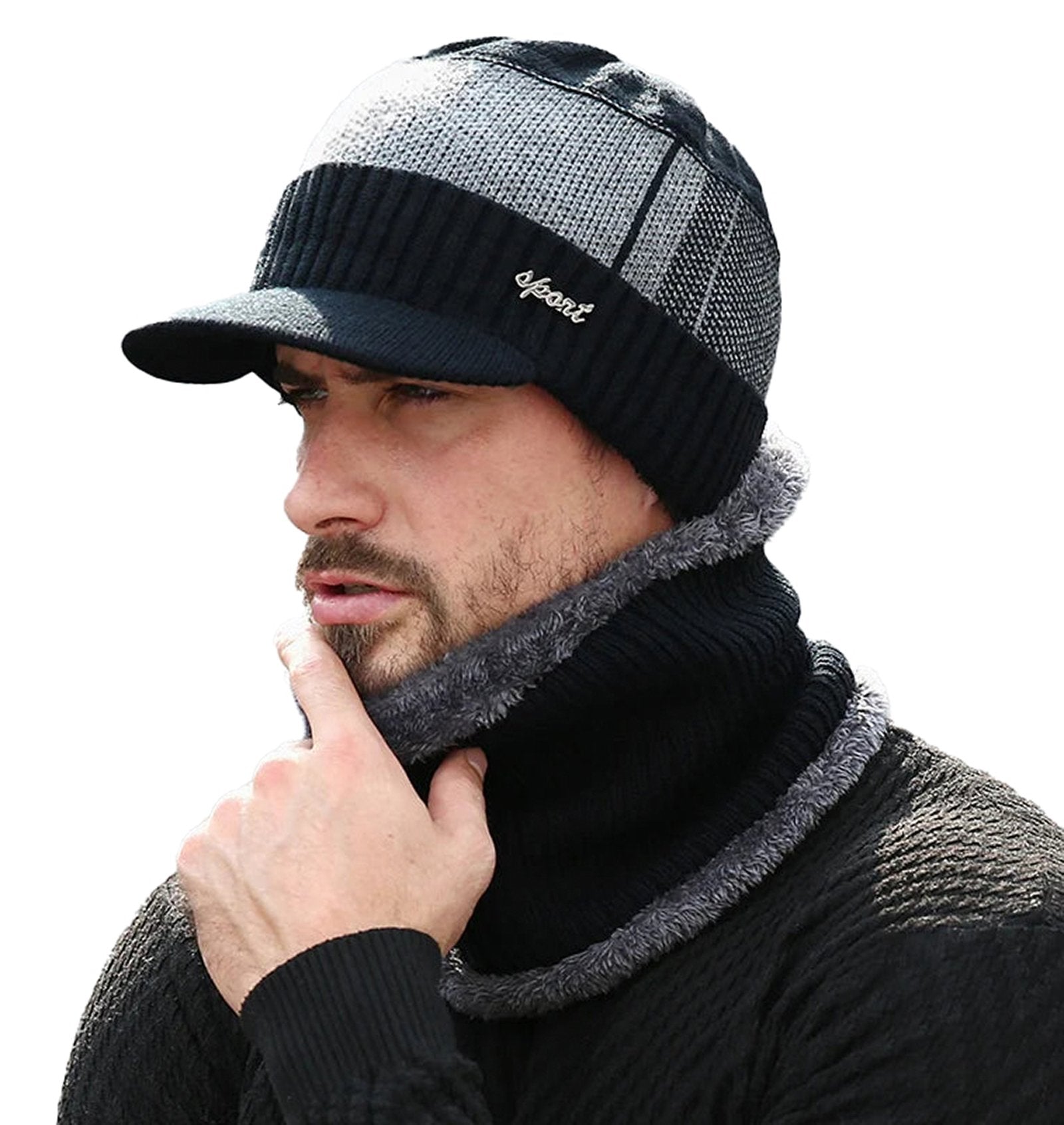 LuckeLadybug winter beanie hat with scarf set in black and gray for warmth and style