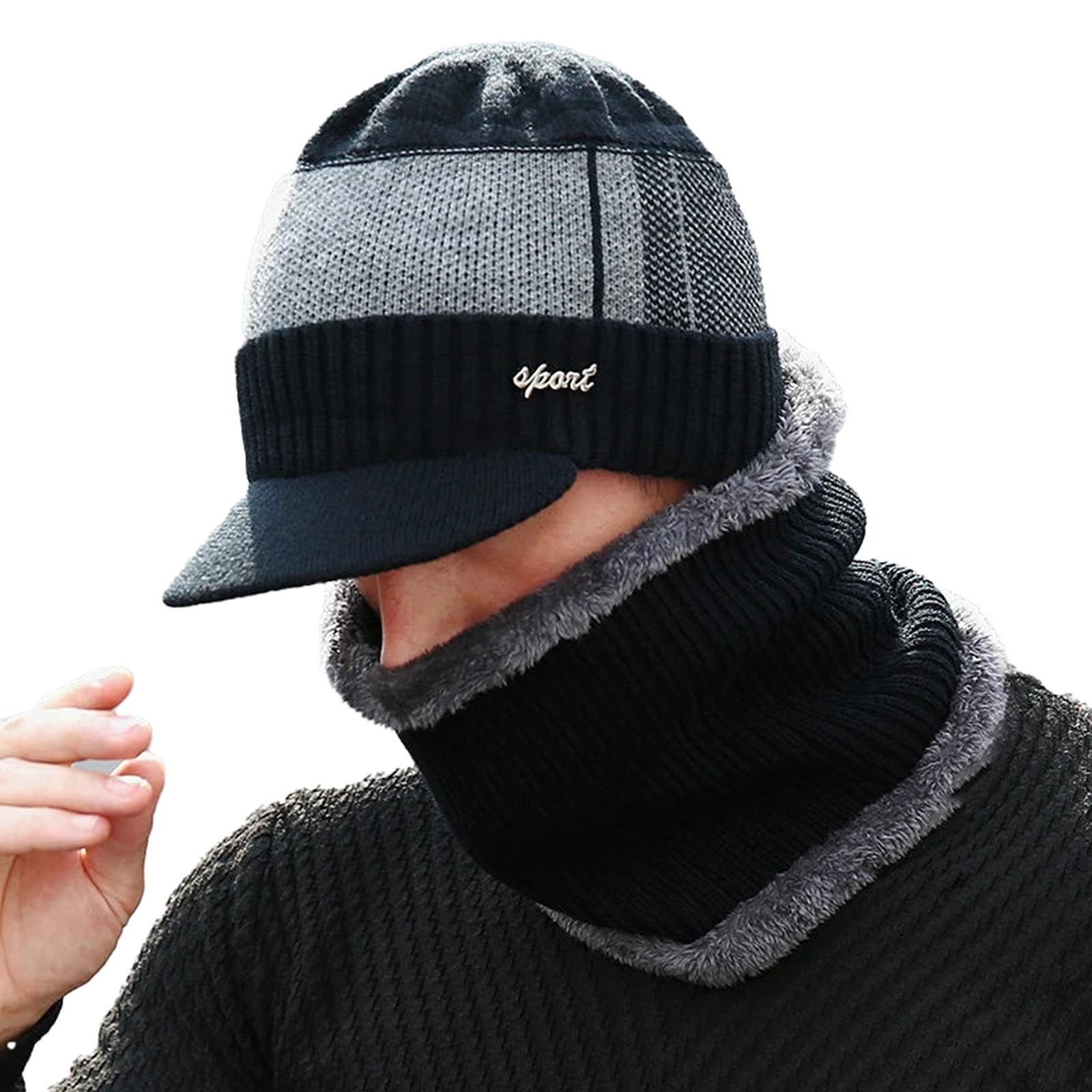 LuckeLadybug winter beanie hat with scarf set in black and gray, perfect for cold weather.