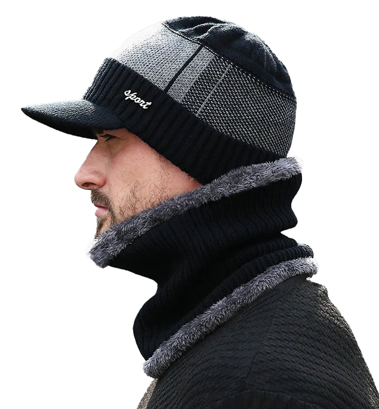 Men's winter beanie hat with scarf set in black and grey for warmth and style during cold weather