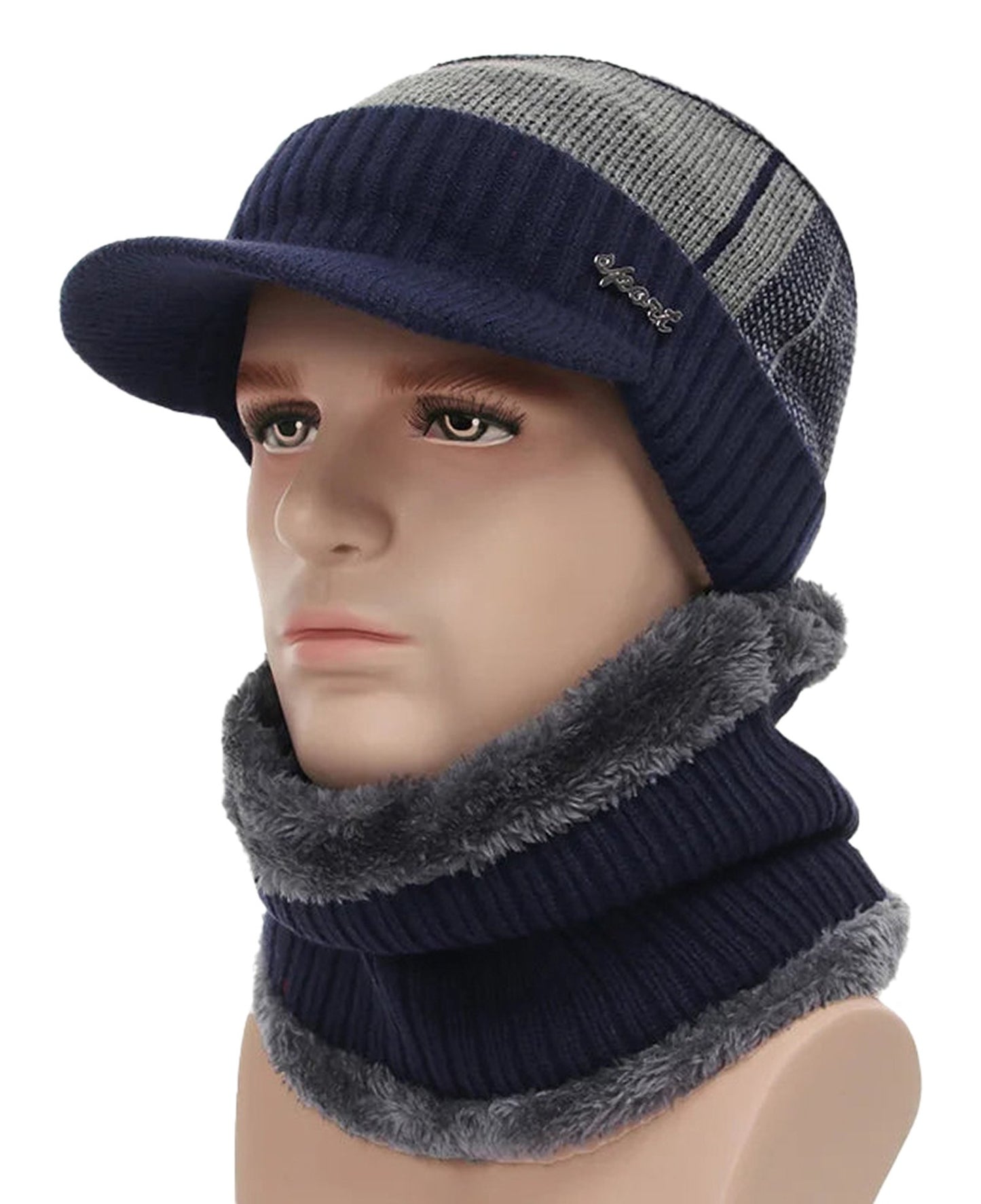 LuckeLadybug winter beanie hat with scarf set in navy blue and gray, soft and stylish for cold weather