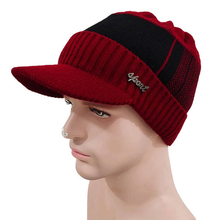 Stylish winter beanie hat with scarf set in red and black, perfect for cold weather fashion