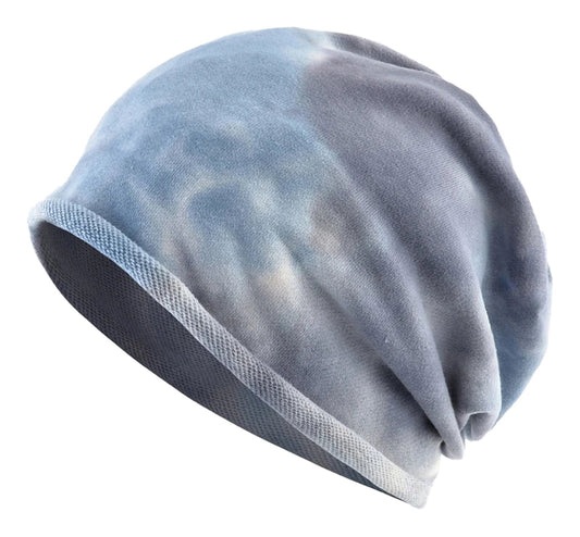 LuckeLadybug LLC Tie-Dye Spring Summer Beanie for Women in Blue and Gray Colorful Design