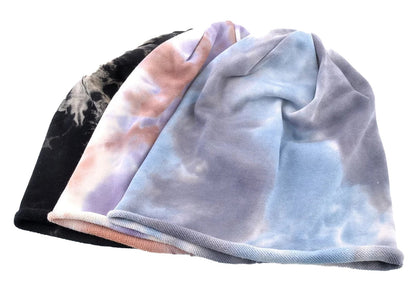 Set of three stylish LuckeLadybug LLC spring summer beanie for women in tie-dye colors