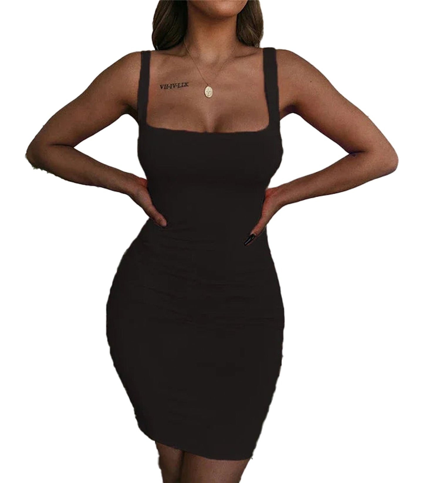 LuckeLadybug LLC square neck bodycon mini dress in black, perfect for a night out or casual events