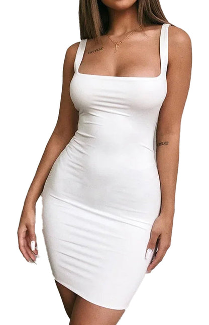 LuckeLadybug LLC square neck bodycon mini dress in white, featuring a form-fitting silhouette