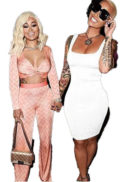 Two models showcasing a square neck bodycon mini dress and matching outfits for stylish looks