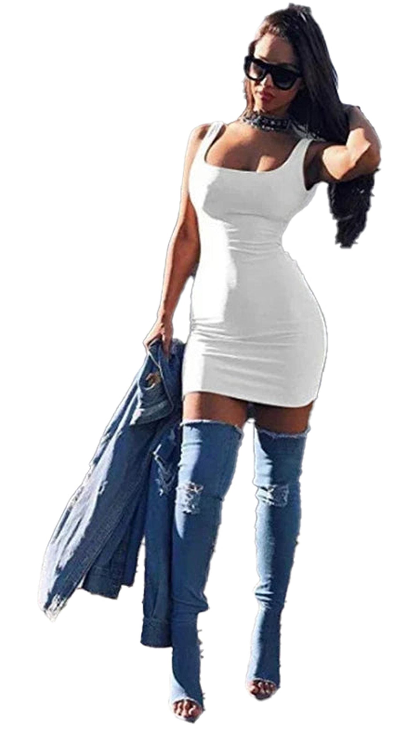 LuckeLadybug LLC square neck bodycon mini dress in white paired with denim jacket and knee-high boots