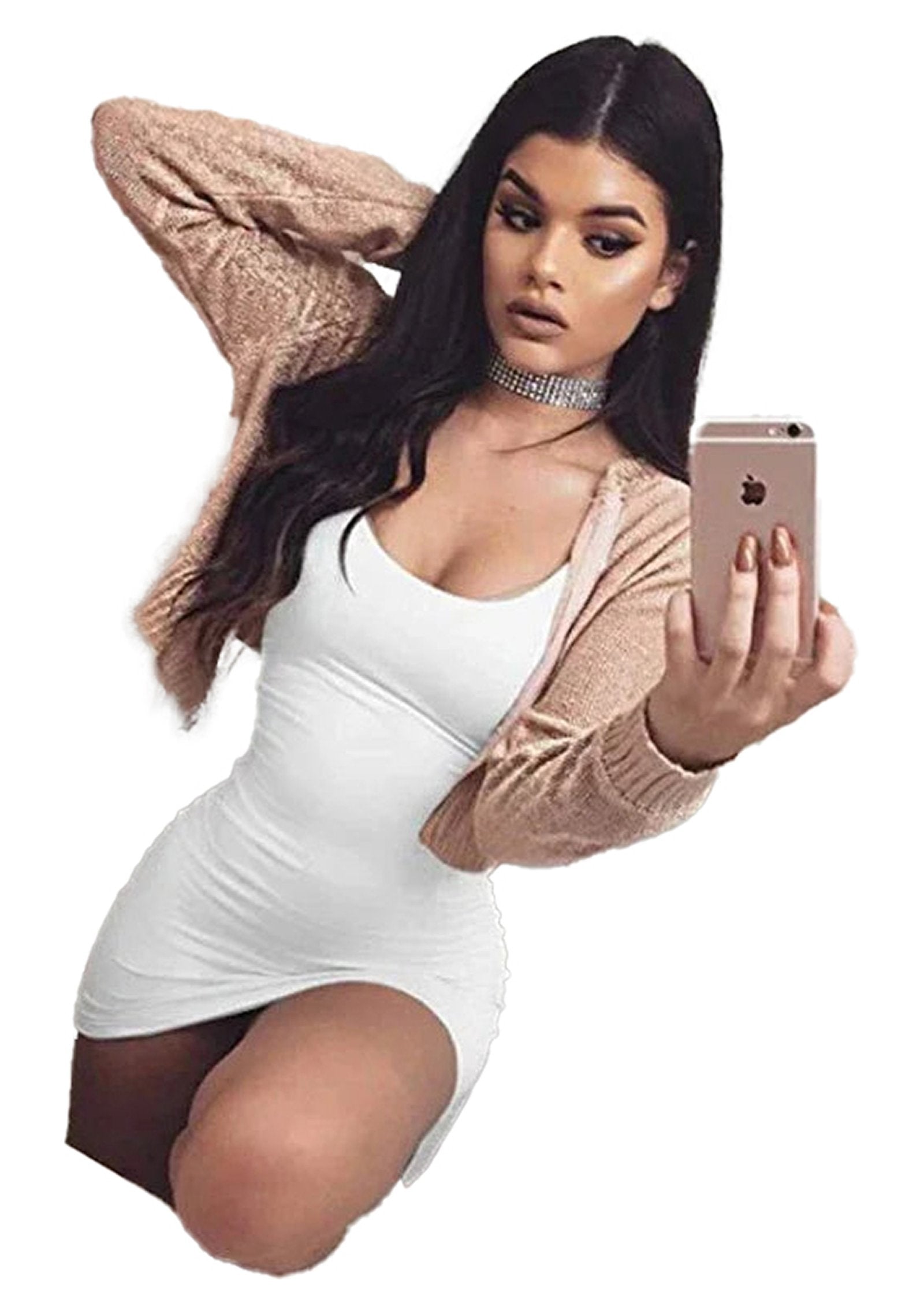 Model wearing a white square neck bodycon mini dress styled with a beige cardigan