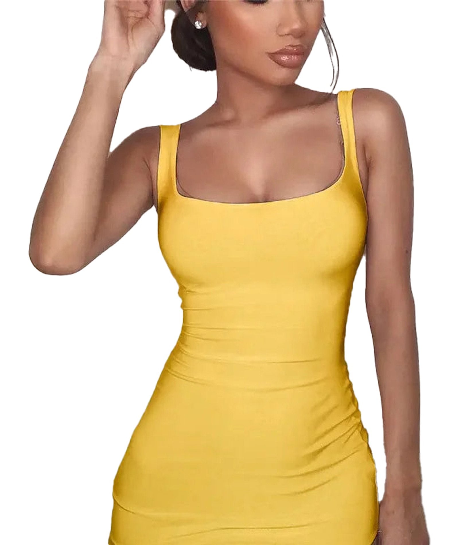 Yellow square neck bodycon mini dress with a fitted silhouette and sleeveless design