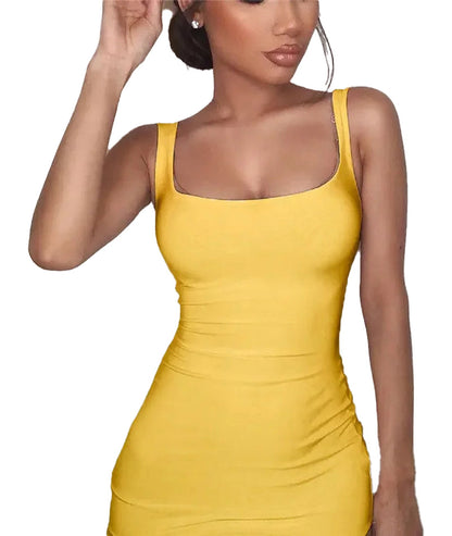 Yellow square neck bodycon mini dress with a fitted silhouette and sleeveless design