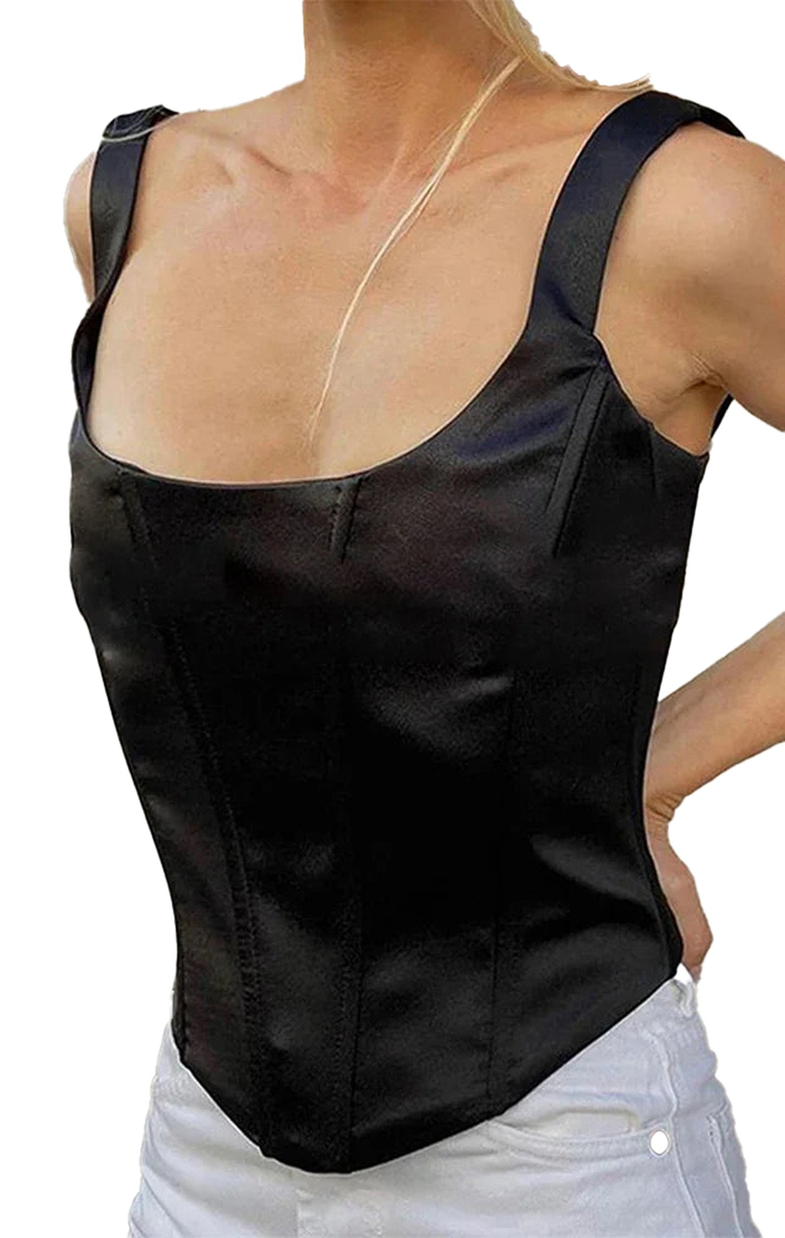 LuckeLadybug LLC square neck corset crop top in black with wide straps for a stylish fit