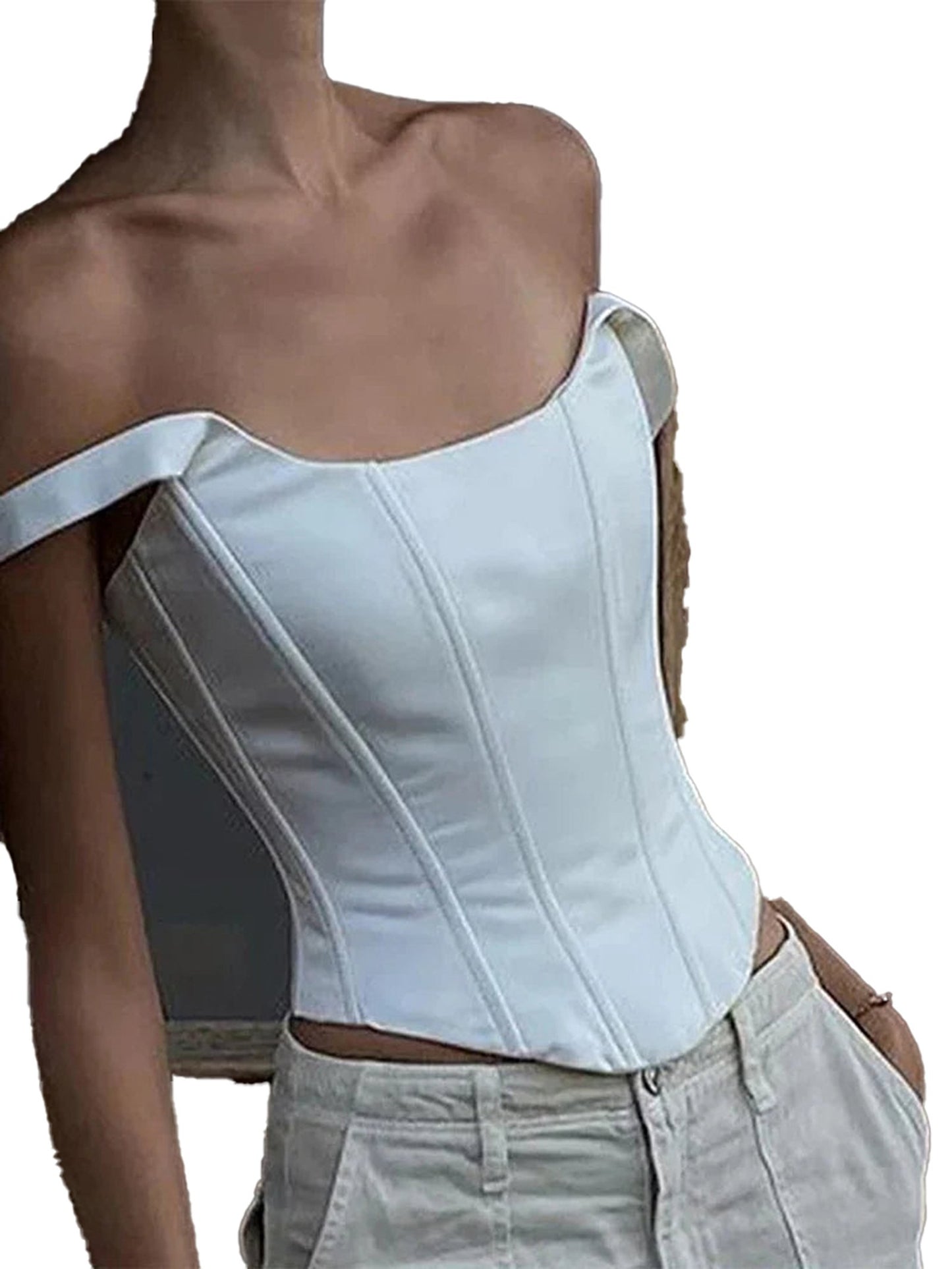 White square neck corset crop top with structured design and off-shoulder straps for a chic look