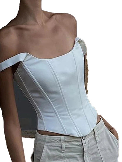 White square neck corset crop top with structured design and off-shoulder straps for a chic look