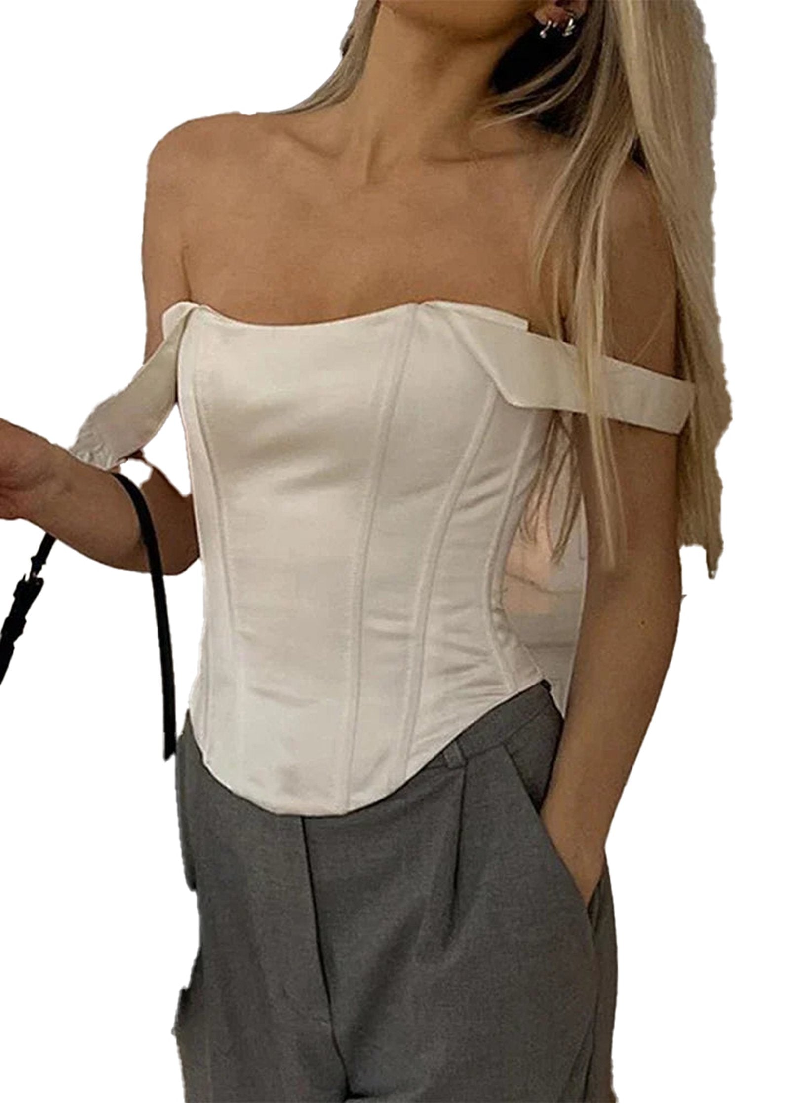 Elegant square neck corset crop top in white with off-shoulder design for stylish outfits