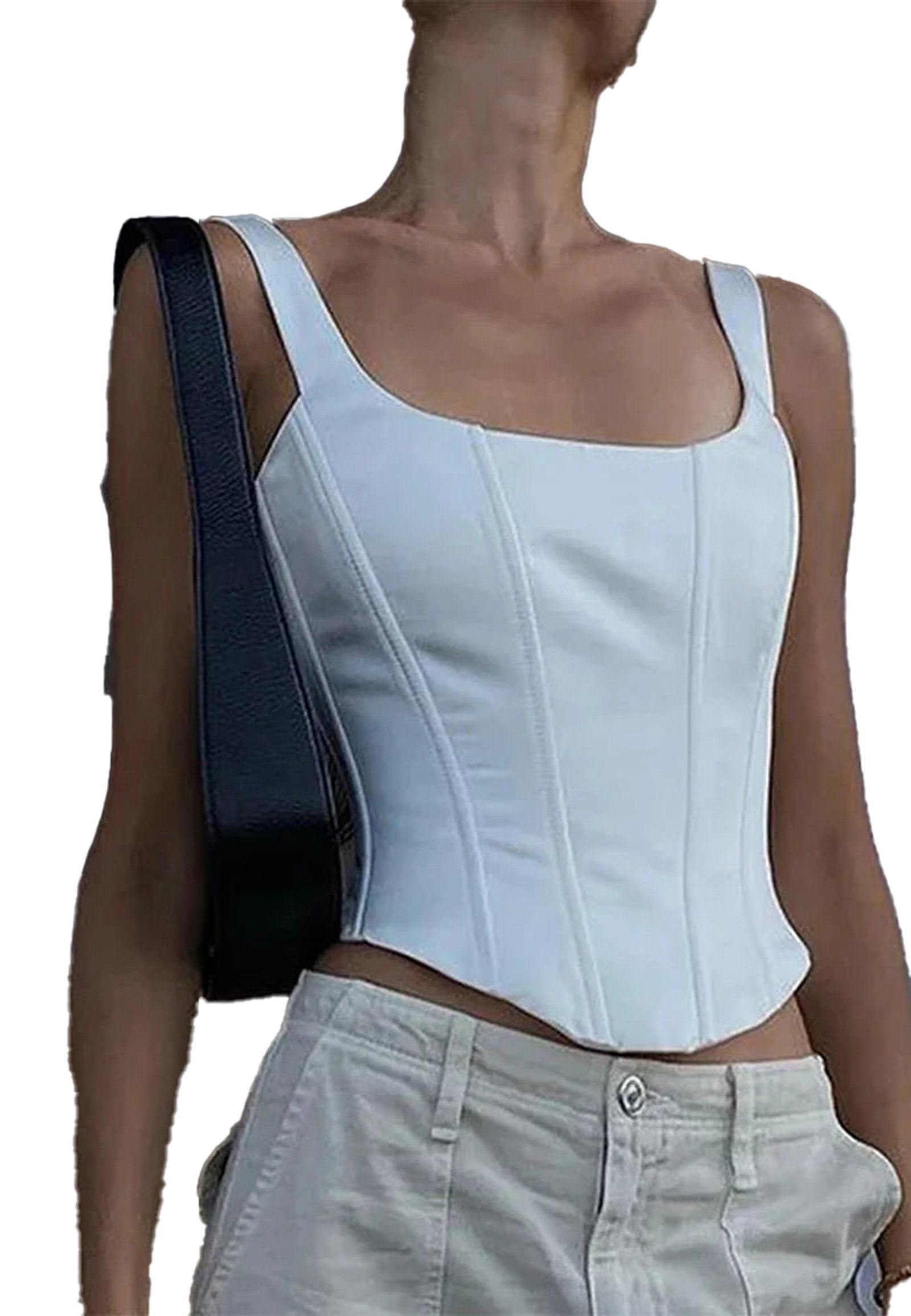 Stylish square neck corset crop top in white, perfect for chic summer outfits