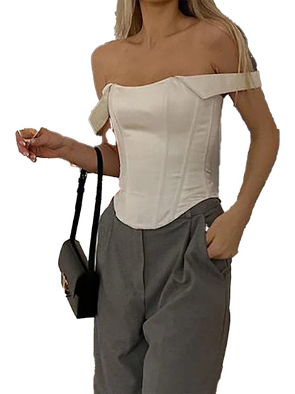 Elegant square neck corset crop top in white, paired with stylish gray trousers for a chic look