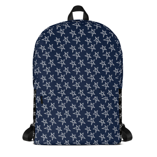 LuckeLadybug star pattern backpack in navy blue with white star designs and black straps