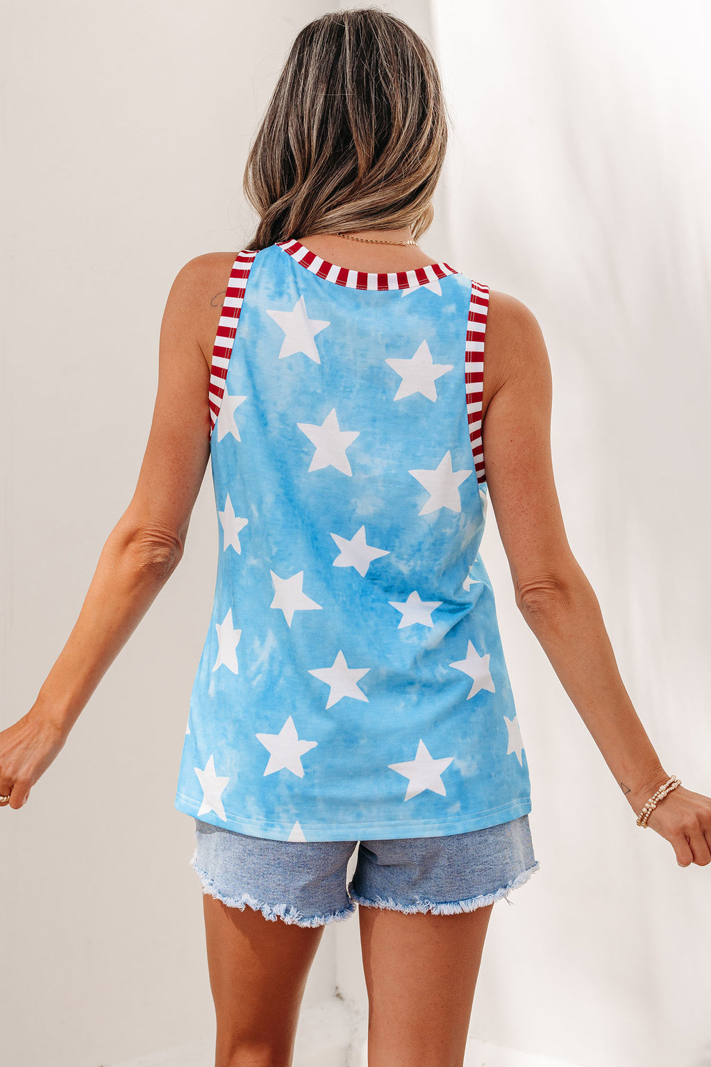 Sky Blue Tie Dye Star Print Striped Trim Round Neck Casual Tank Top