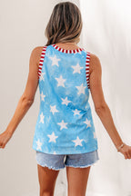 Sky Blue Tie Dye Star Print Striped Trim Round Neck Casual Tank Top