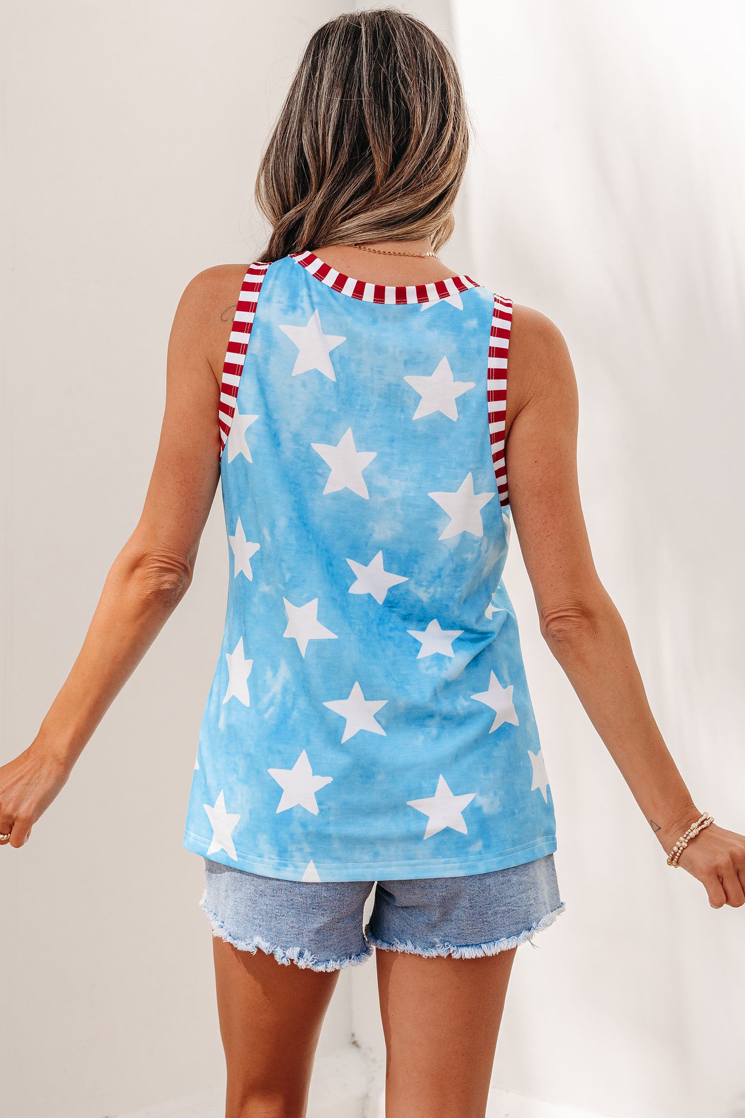 Sky Blue Tie Dye Star Print Striped Trim Round Neck Casual Tank Top