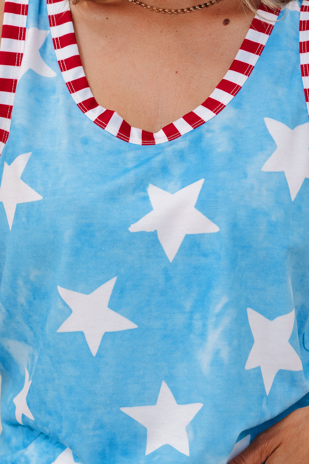 Sky Blue Tie Dye Star Print Striped Trim Round Neck Casual Tank Top