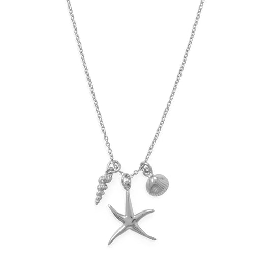 Silver starfish and shells charm necklace with intricate details for beach lovers