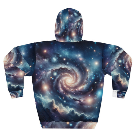 LuckeLadybug stargazing adventure hoodie with vibrant galaxy and spiral nebula design on back