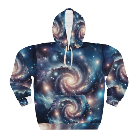 LuckeLadybug stargazing adventure hoodie with galaxy swirl design in blue and white colors