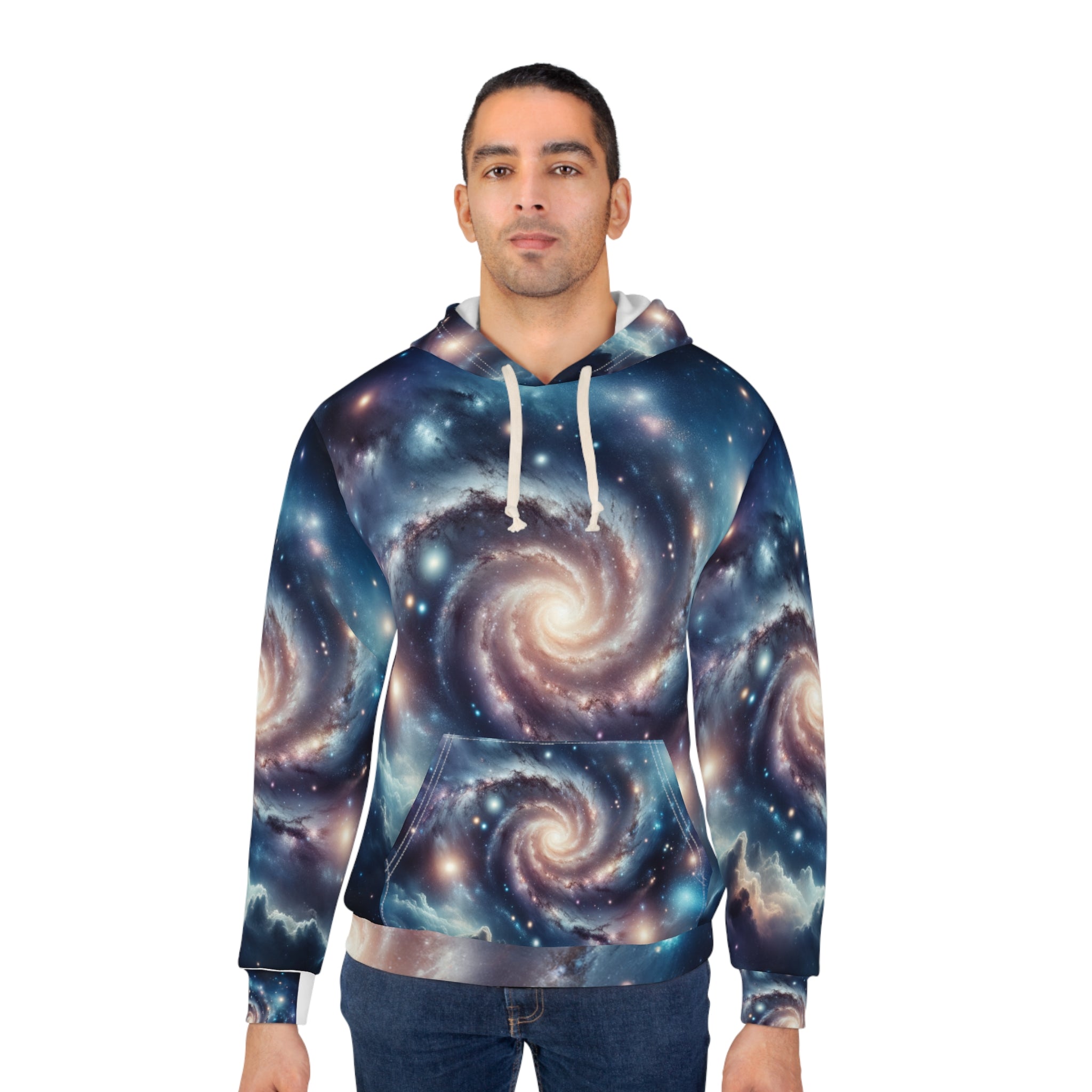 LuckeLadybug stargazing adventure hoodie with vibrant galaxy spiral design and front pocket