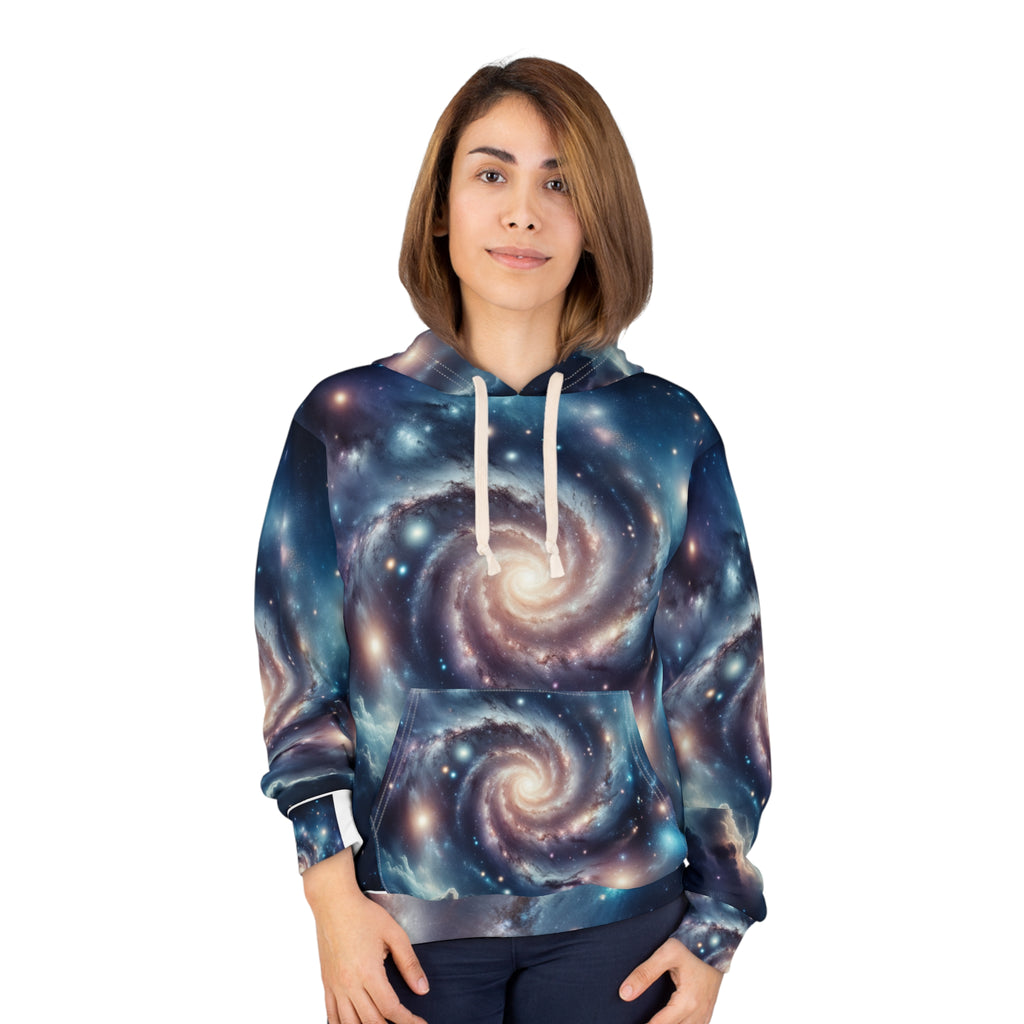 Women wearing LuckeLadybug stargazing adventure hoodie with galaxy and spiral star design
