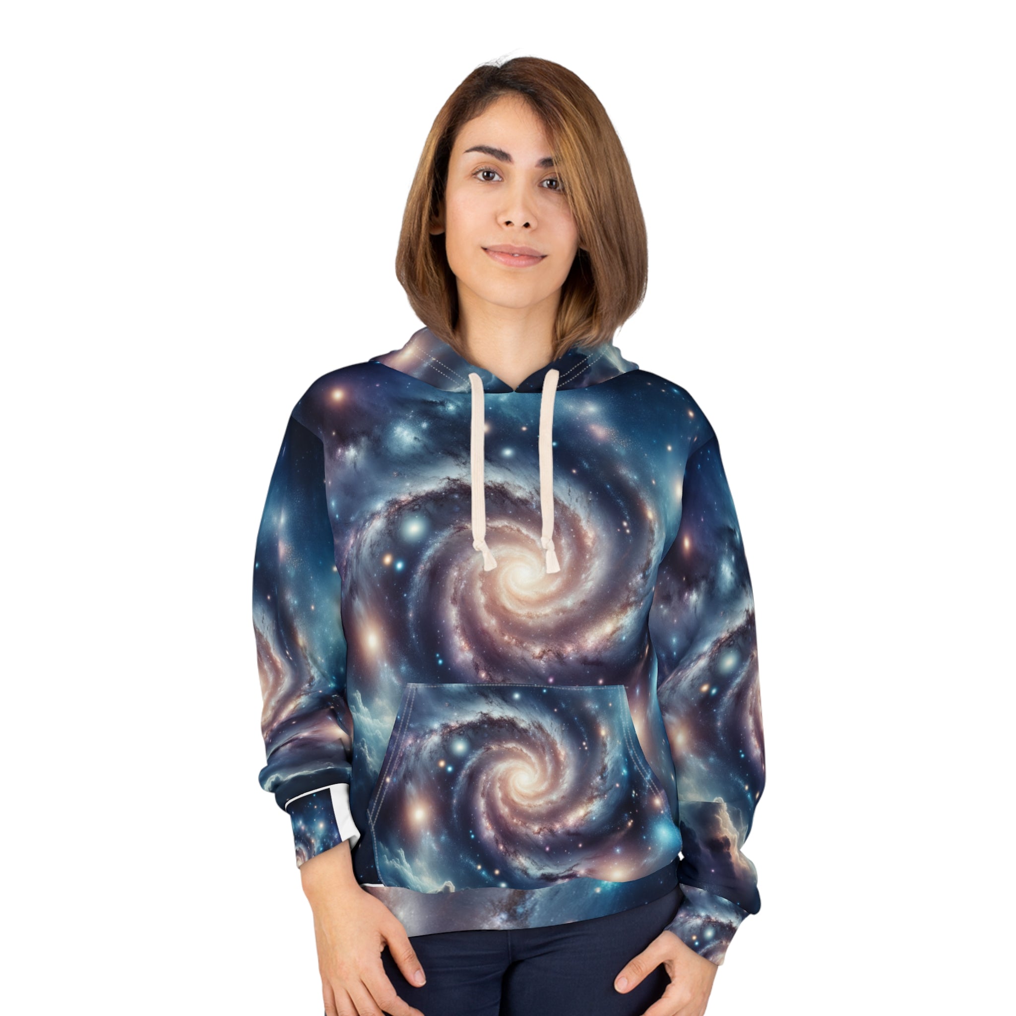 Women wearing LuckeLadybug stargazing adventure hoodie with galaxy and spiral star design