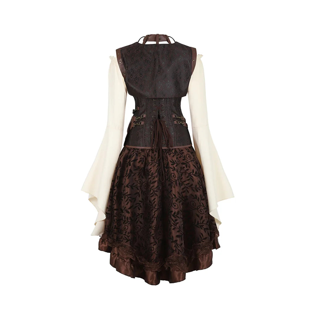 Back view of a steampunk corset dress for women with bell sleeves and intricate brown fabric details