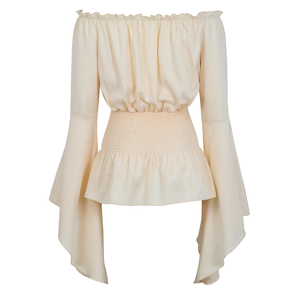 Elegant off-shoulder blouse with bell sleeves, perfect under a steampunk corset dress for women