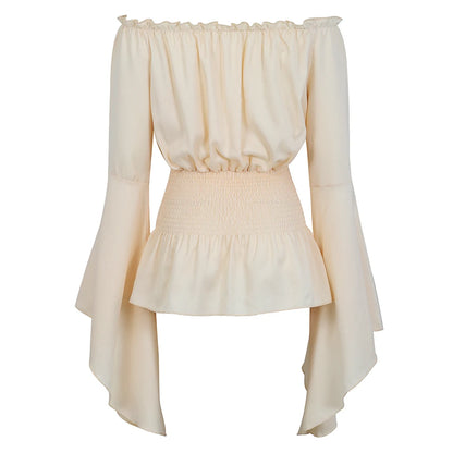 Elegant off-shoulder blouse with bell sleeves, perfect under a steampunk corset dress for women