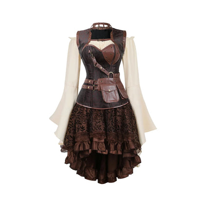 Stylish steampunk corset dress for women with unique detailing and layered ruffle skirt