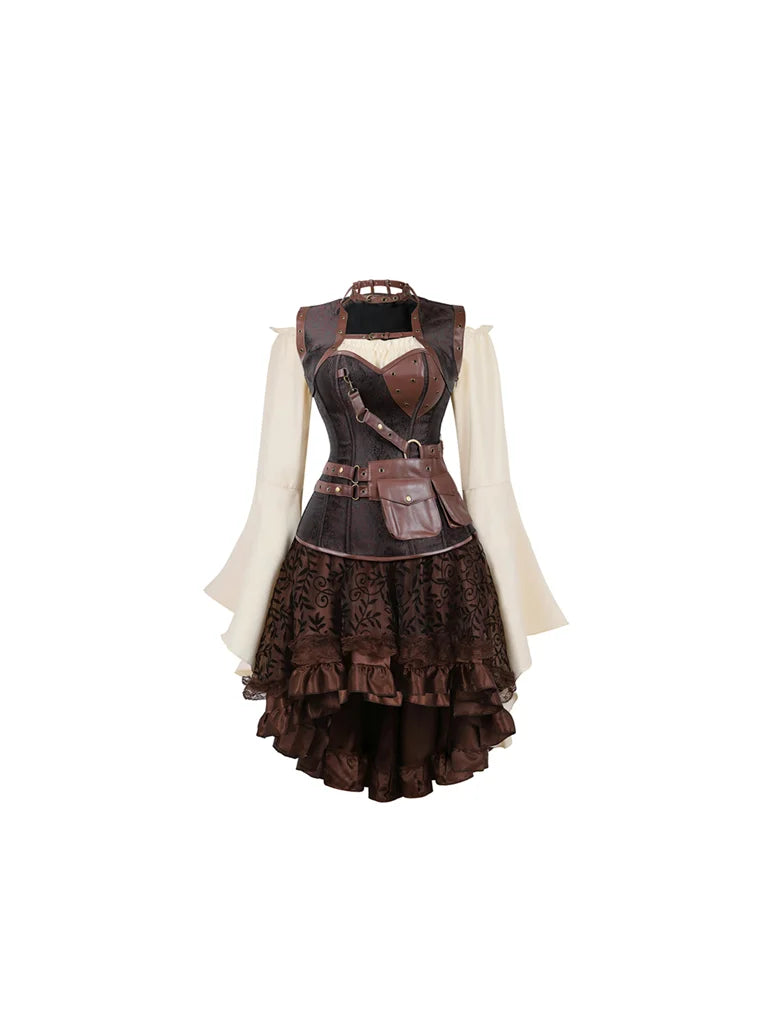 LuckeLadybug LLC steampunk corset dress for women with layered skirt and brown accents