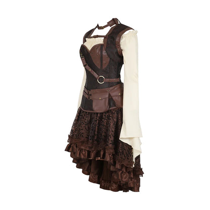 Stylish steampunk corset dress for women with a ruffled skirt and unique detailing
