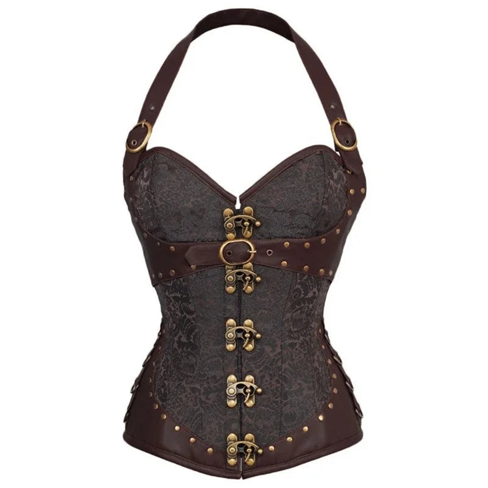 Steampunk corset top for women with intricate lace design and brass buckle details