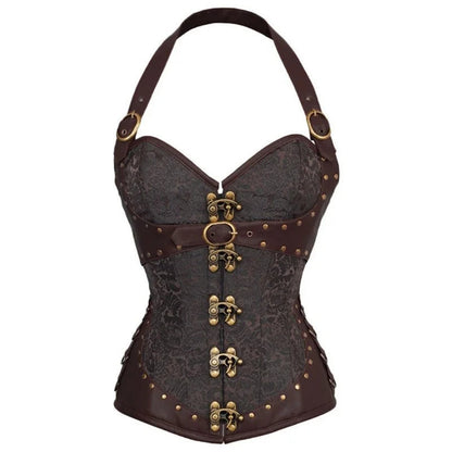 Steampunk corset top for women with intricate lace design and brass buckle details