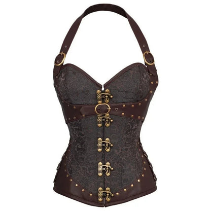 Steampunk corset top for women with brown leather accents and lace detailing