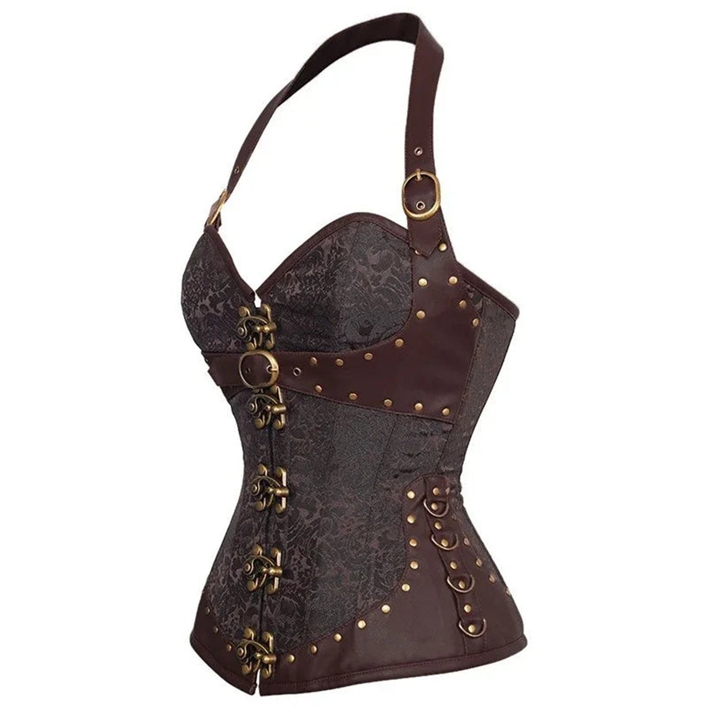 Steampunk corset top for women with intricate lace and leather detailing in brown and black