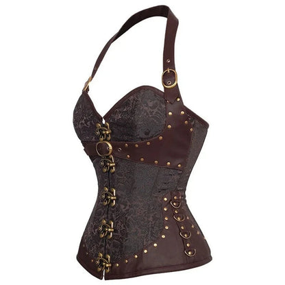 Steampunk corset top for women with intricate lace and leather detailing in brown and black
