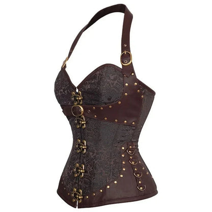 Steampunk corset top for women in brown with lace and decorative metal accents