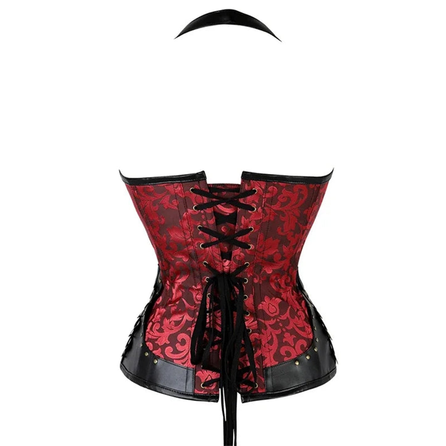 Stylish red and black steampunk corset top for women featuring a lace-up back and intricate pattern