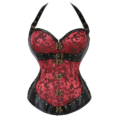 Elegant steampunk corset top for women in red floral design with black leather accents