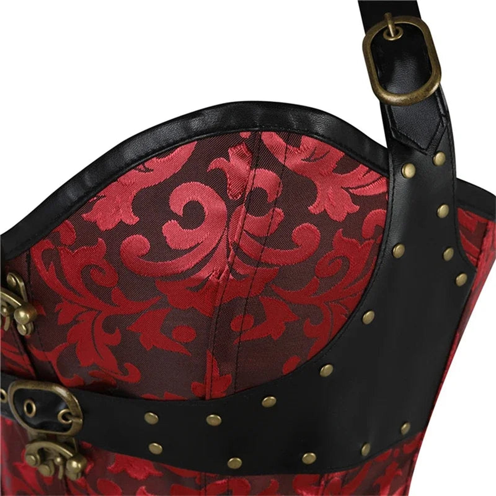 Red and black steampunk corset top for women featuring elegant patterns and metal detailing