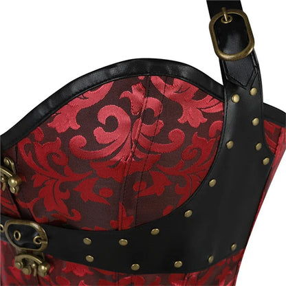 Red and black steampunk corset top for women featuring elegant patterns and metal detailing